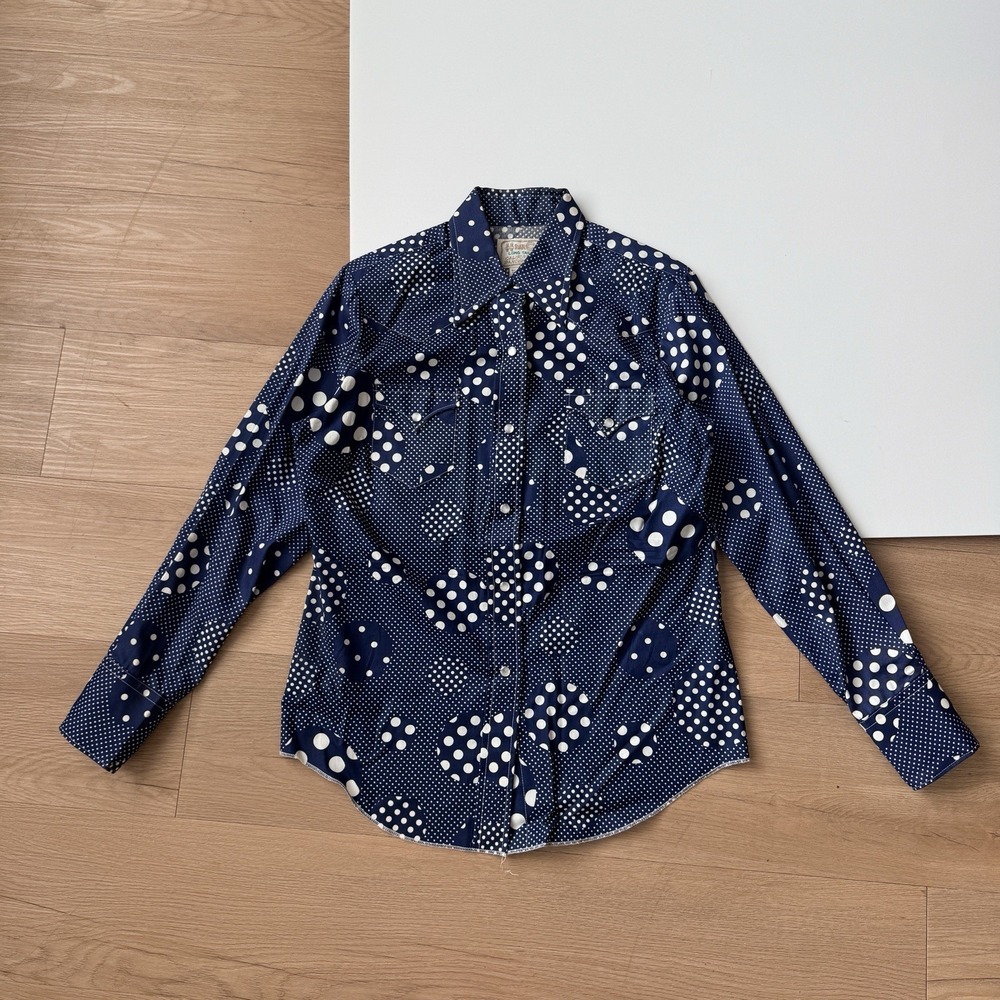 Vintage 70s H Bar C Pearl Ranchwear Snap Shirt Button Up Blue Polka Dot Small